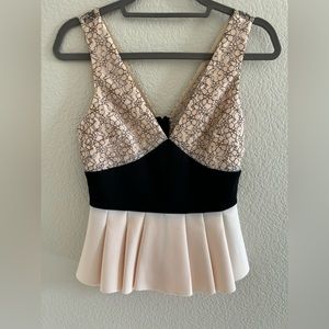 Asos cream/pink & black peplum lace top, size 6